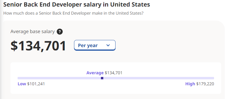 Senior Back End Web Developer Salary in the US